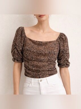 Anthropologie Animal Print Top Shirred Ruched Mesh Square Neck Puff Sleeve S